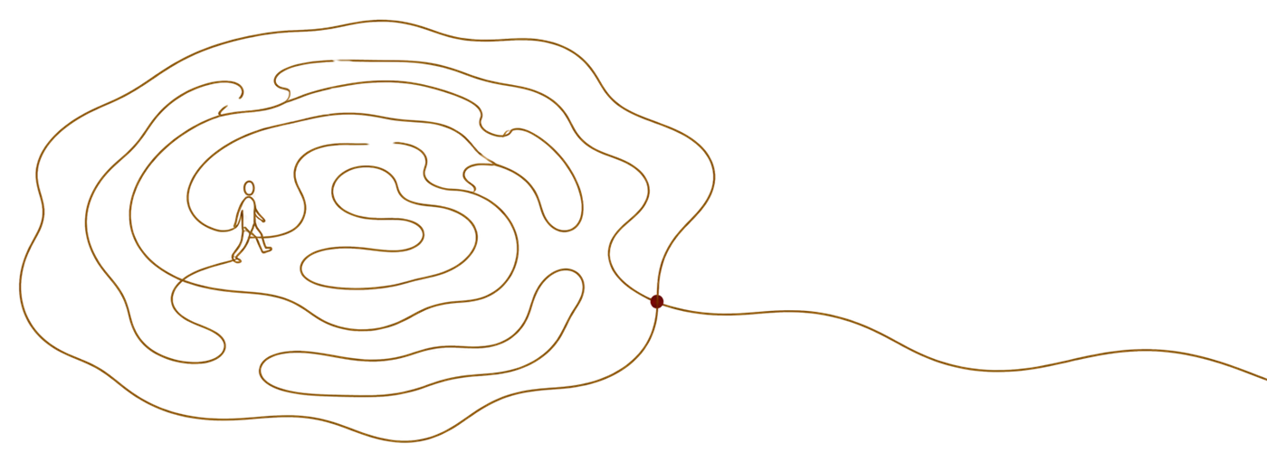 Ilustração em linha: pessoa caminhando dentro de um labirinto em espiral