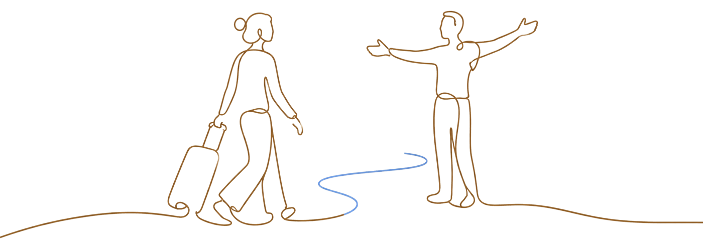 Ilustração em linha: duas pessoas caminhando lado a lado, uma com uma mala, unidas por um traço colorido