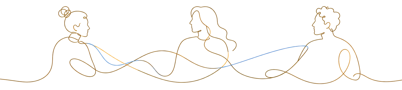 Ilustração em linha: três pessoas conectadas por traços entrelaçados