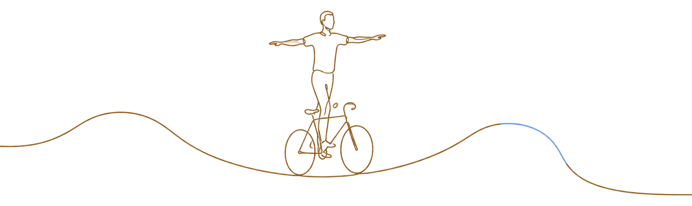 Ilustração em linha: pessoa de braços abertos equilibrando-se sobre uma bicicleta numa linha ondulada
